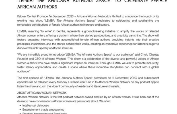 PRESS RELEASE: Africana Woman Network Launches Groundbreaking Show “LEMBA: The Africana Author’s Space” to Celebrate Female African Authors