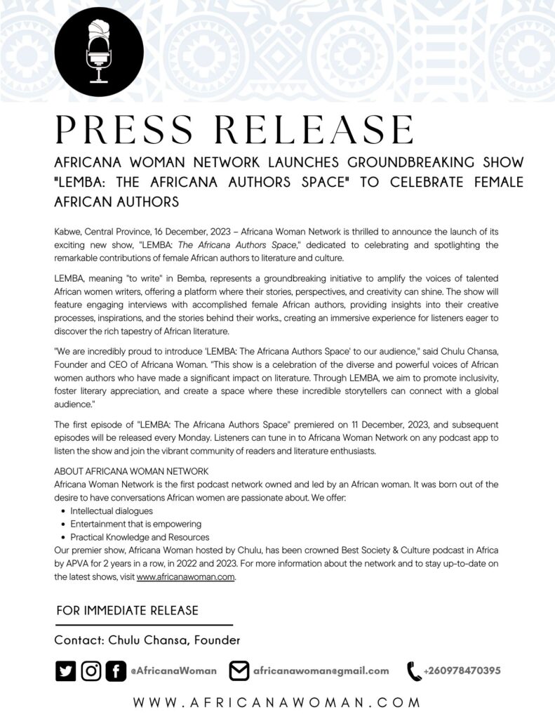 PRESS RELEASE: Africana Woman Network Launches Groundbreaking Show “LEMBA: The Africana Author’s Space” to Celebrate Female African Authors